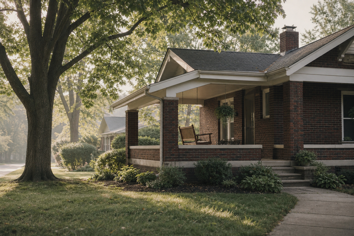 Brick bungalow with covered porch, swing, and maple trees.