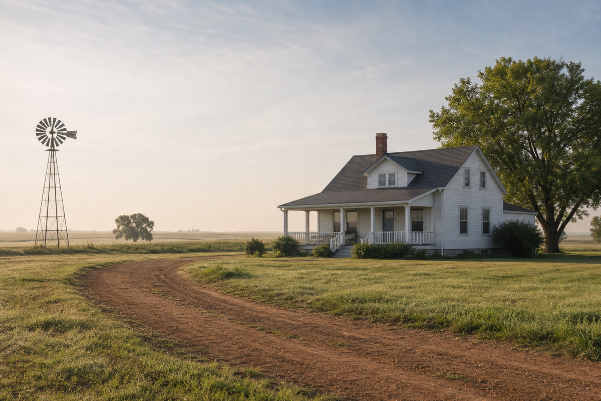 Farmhouse with porch, dirt drive, windmill, open plains, morning light.