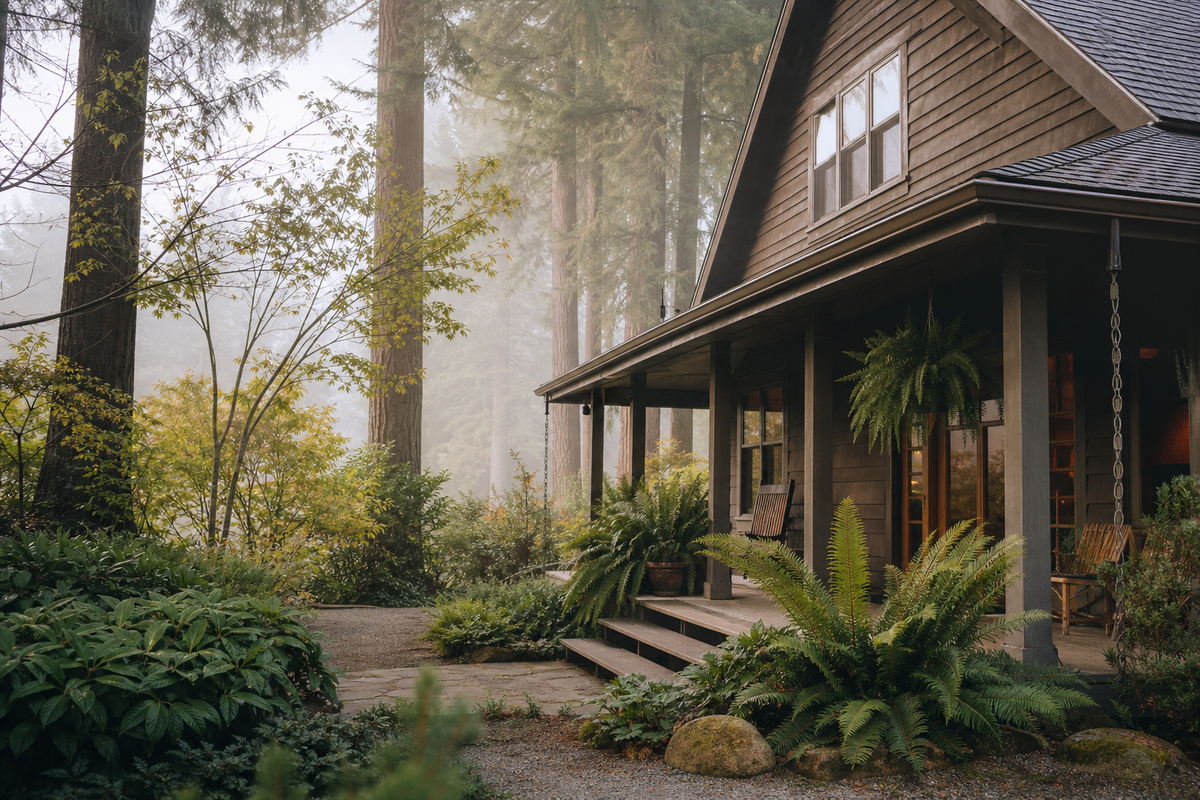 Wood house with covered porch, ferns, and fir trees in mist.