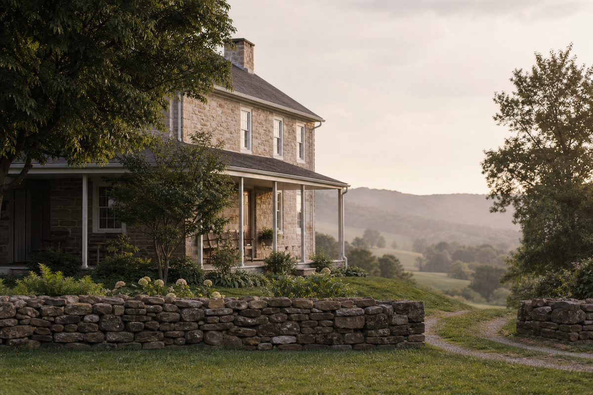 Stone farmhouse with covered porch, stone wall, and hills behind.