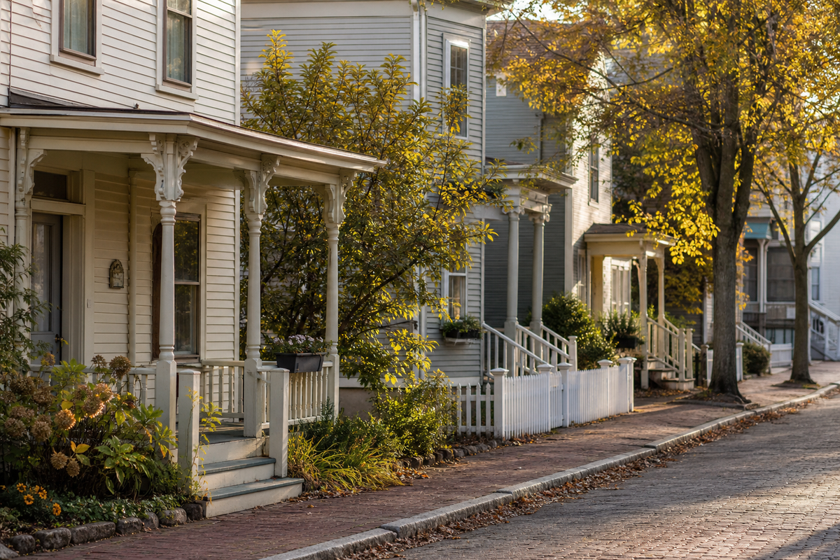 Row of clapboard houses with porches on a quiet street.