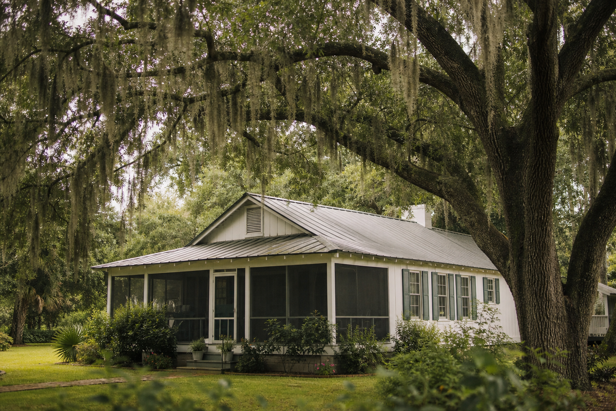 Small tin-roofed cottage with screened porch under a moss-draped oak tree.