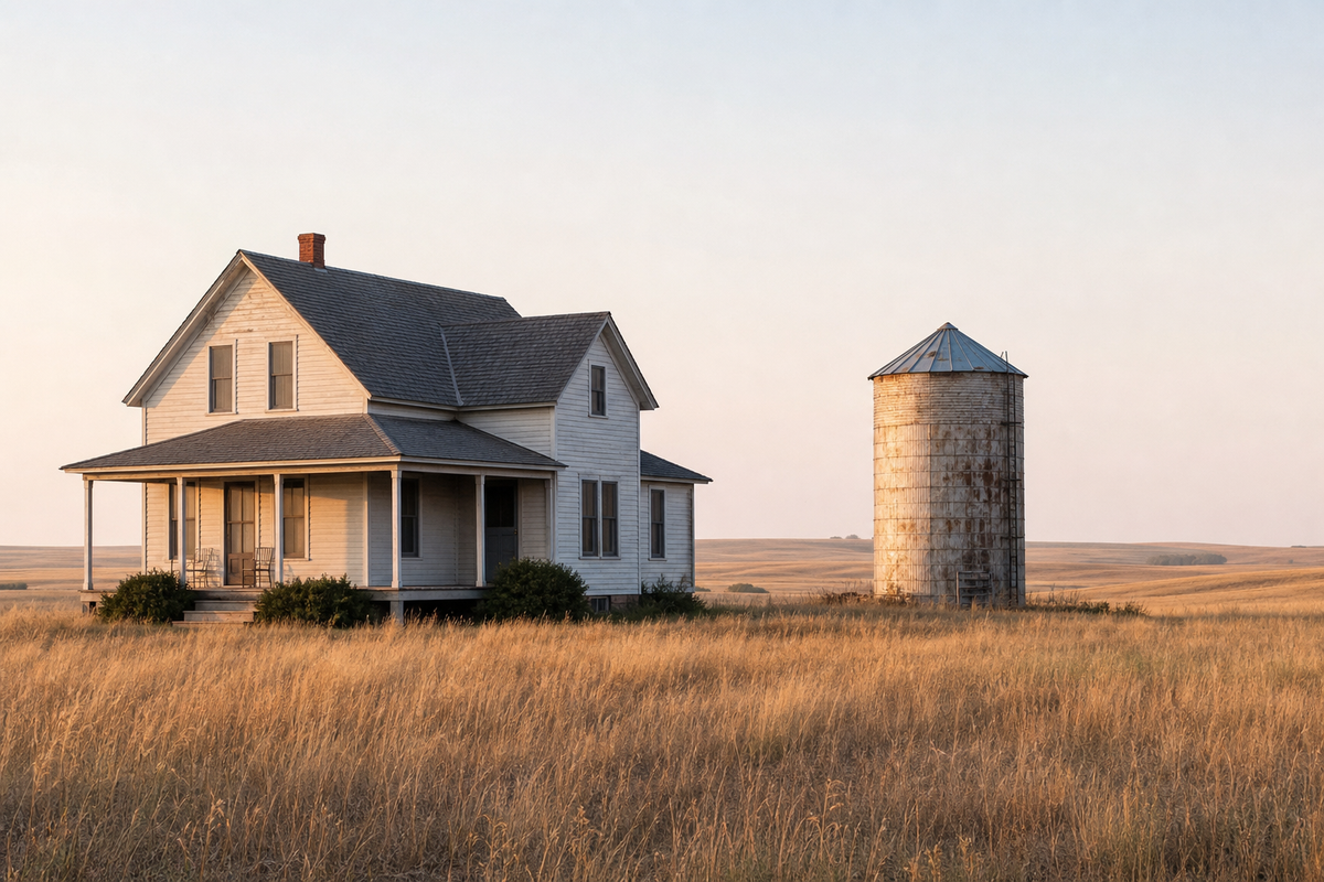 Farmhouse with porch and grain silo on open prairie