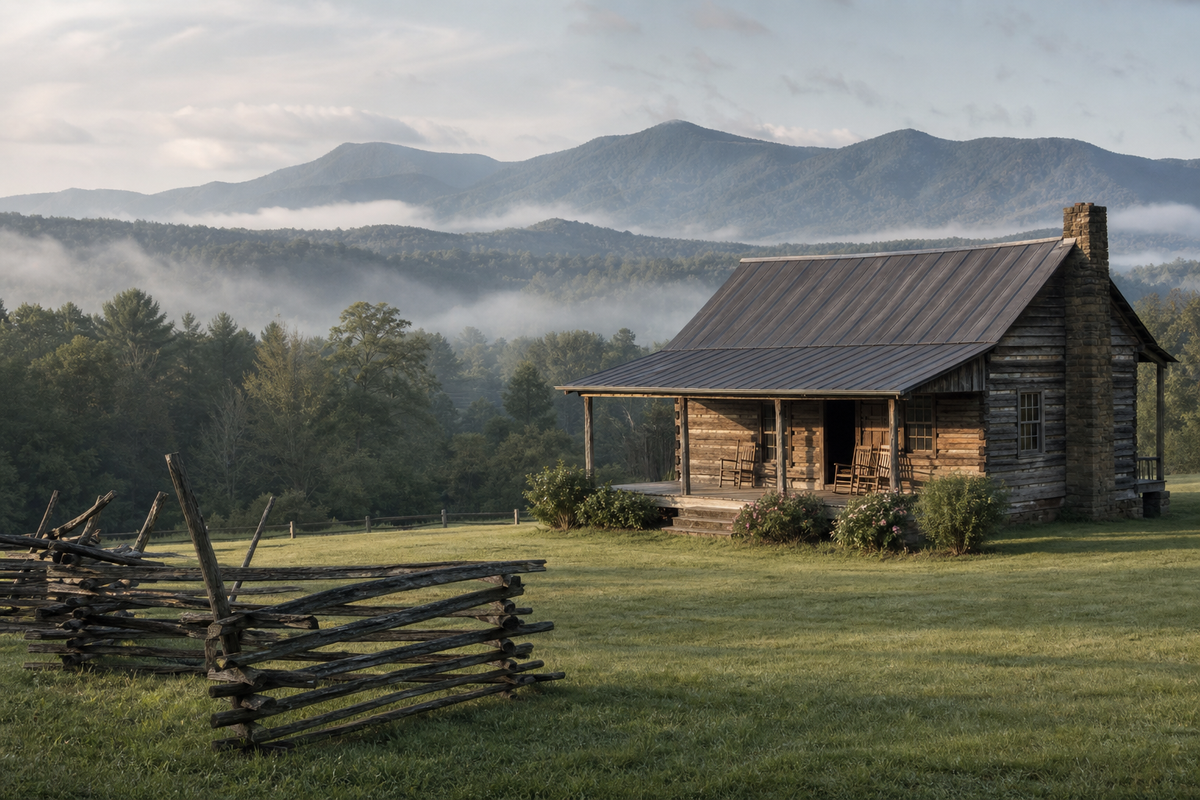 Log cabin with split-rail fence and porch, misty hills behind.