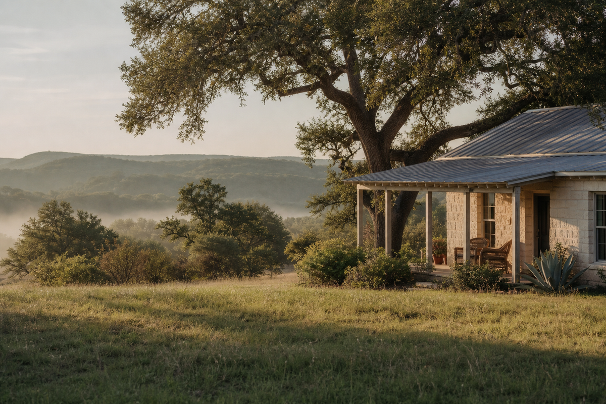 Limestone ranch house, covered porch, live oak tree, hill country