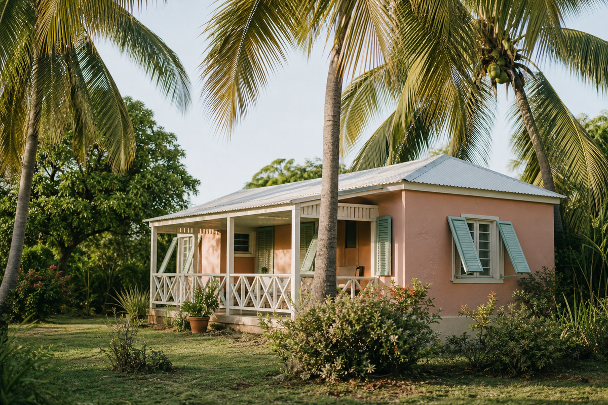 Pastel Caribbean cottage with shutters, porch, and palm trees.