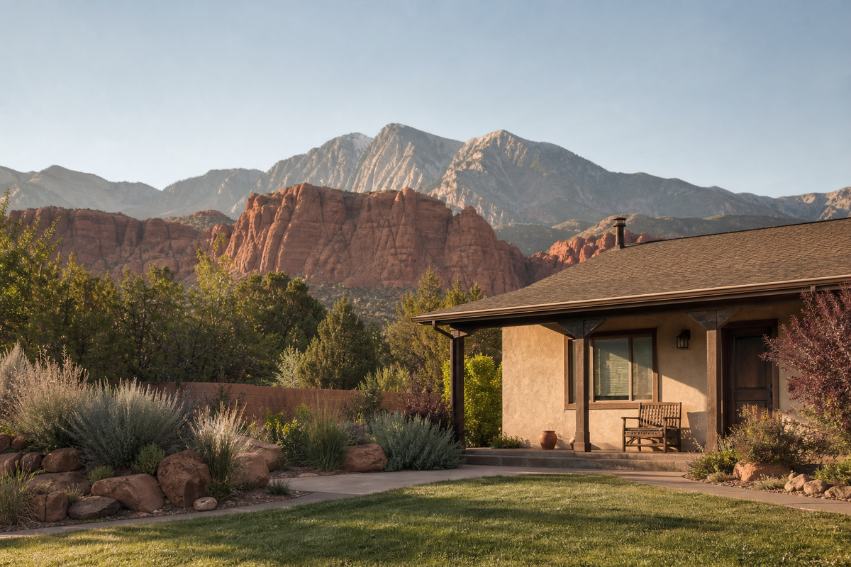 Stucco house with covered porch, red rocks and mountains behind.