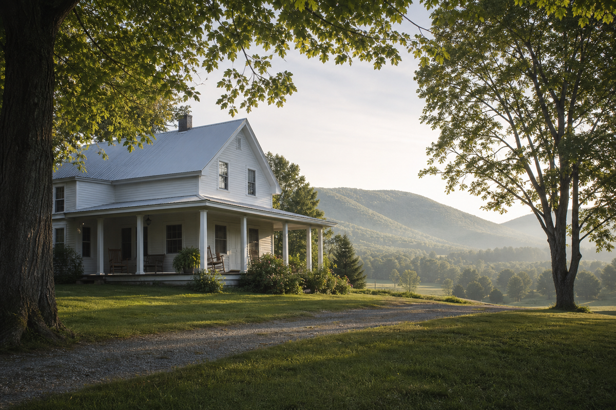 White farmhouse with covered porch, maple trees, and mountains