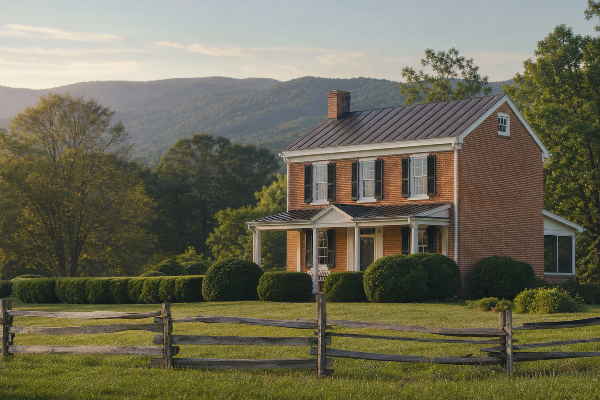 Brick farmhouse, boxwood hedges, split-rail fence, hazy hills behind.