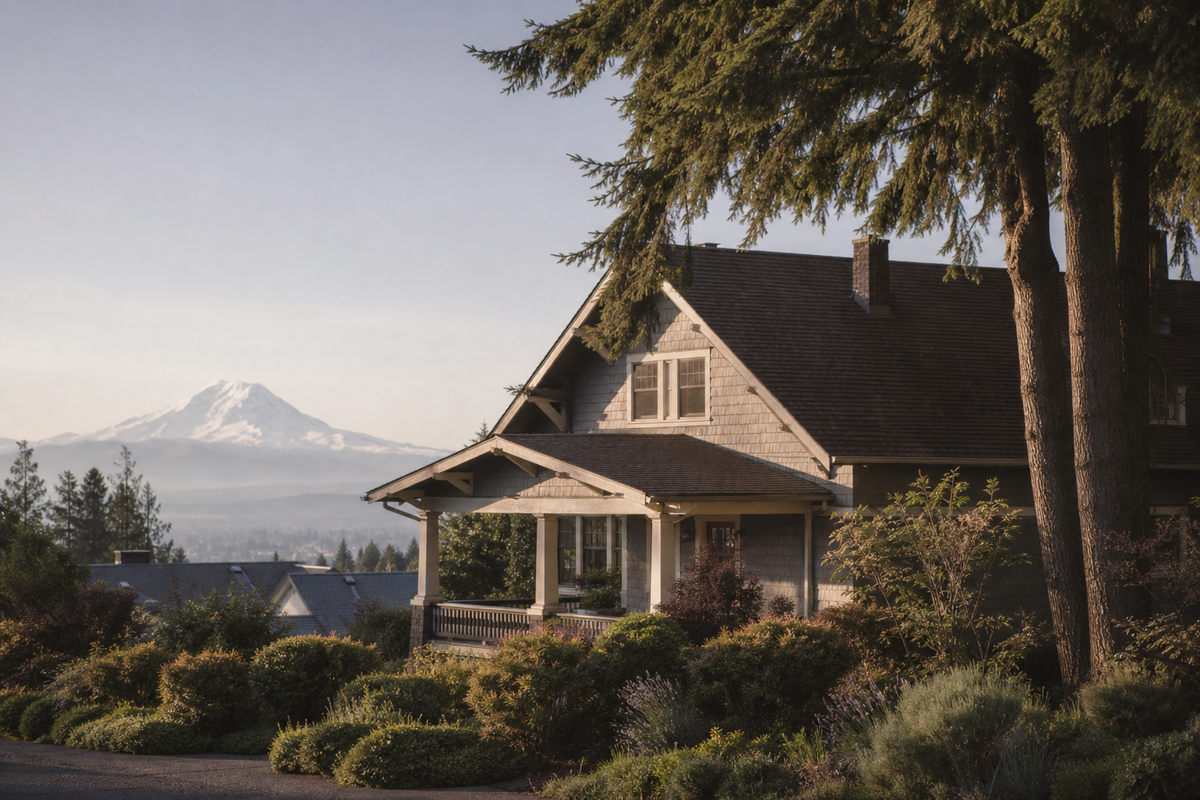 Shingled Craftsman house with porch, cedars, and mountain backdrop