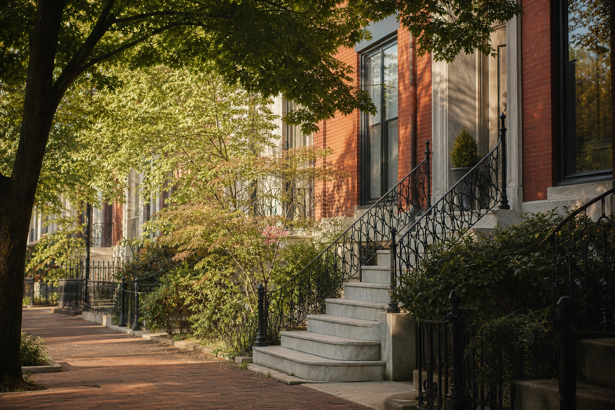 Brick rowhouse with marble steps and iron railing, empty stoop.