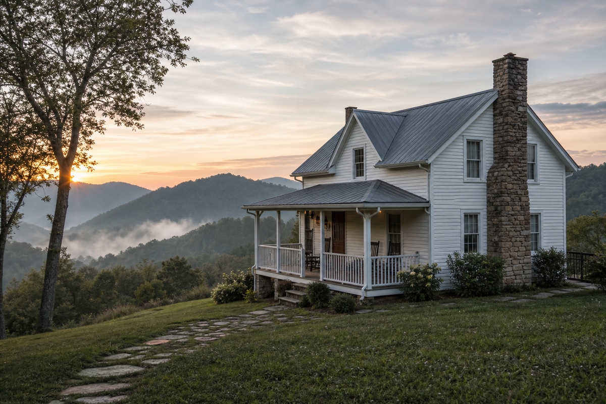 Clapboard house, covered porch, stone chimney, misty hills, morning light.