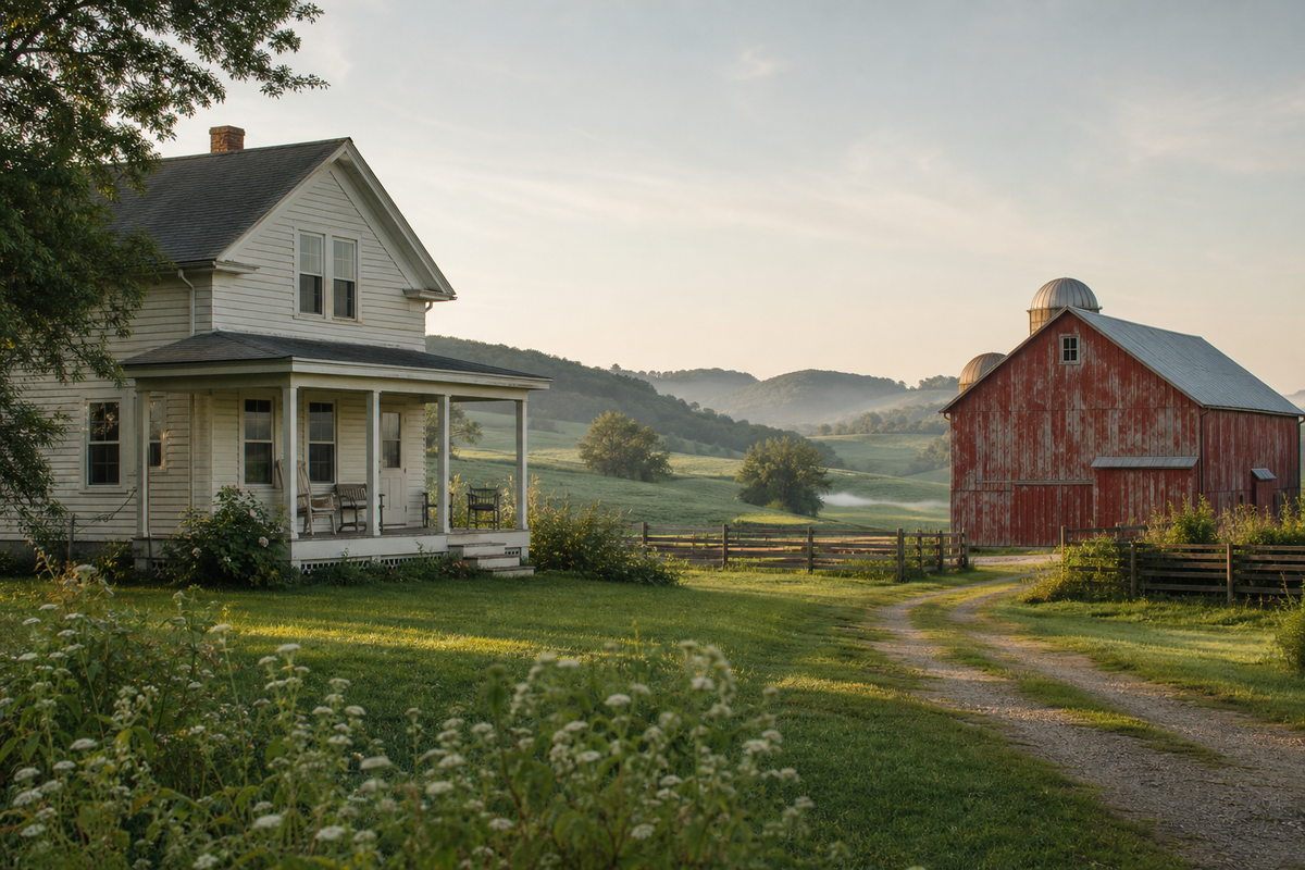 Farmhouse porch, red barn, and pasture under morning sky.