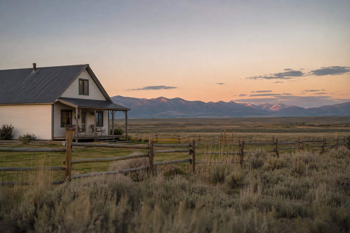 Wyoming ranch house, porch, fence, sagebrush plains, distant mountains, morning light