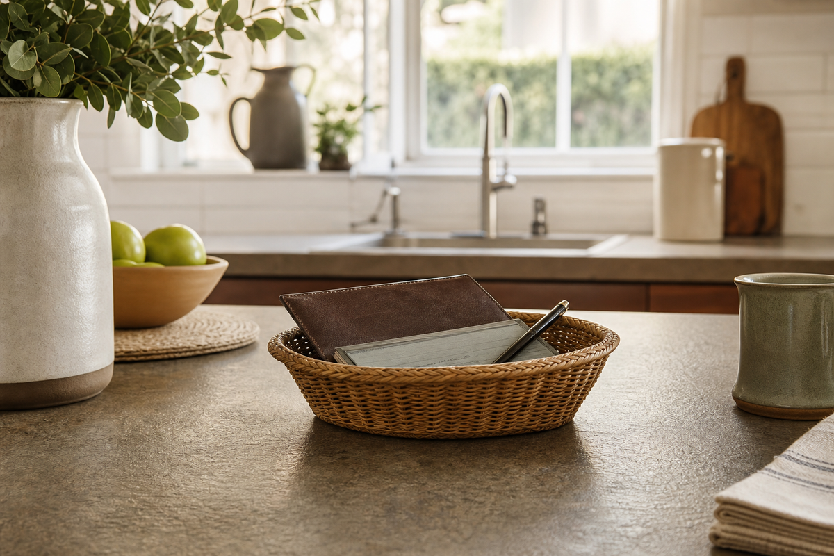 Wicker basket holding a folded checkbook and pen on counter.