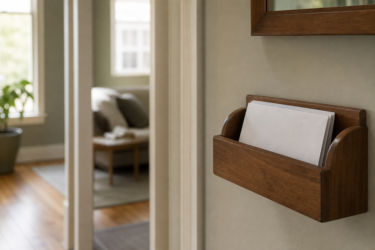 Wooden mail organizer holding a stack of blank envelopes.