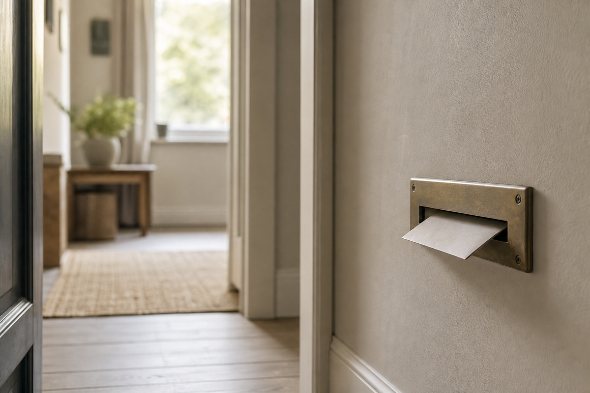 A single envelope partially inserted into a wall mail slot.