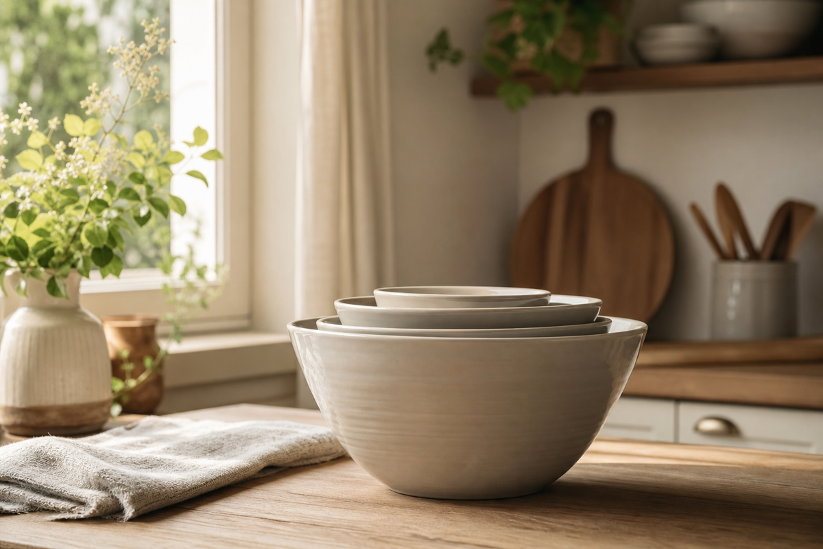 Nested mixing bowls stacked by size on a counter