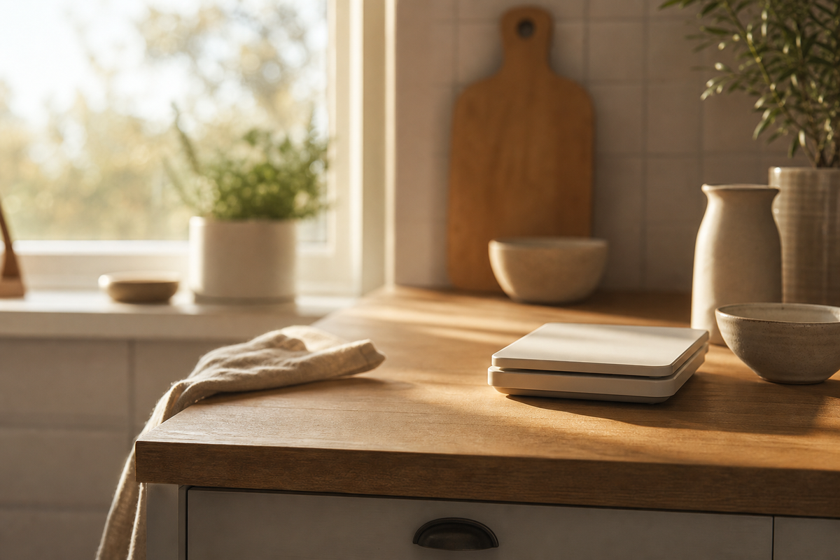 A kitchen scale resting on a wooden counter.