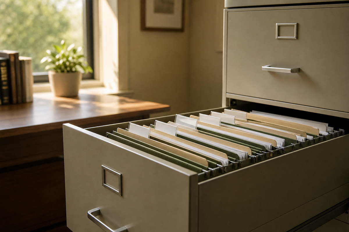 Open file drawer with neatly spaced hanging folders and blank tabs.