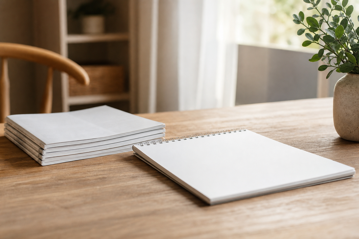 Closed statements and blank notepad on wooden table, morning light.