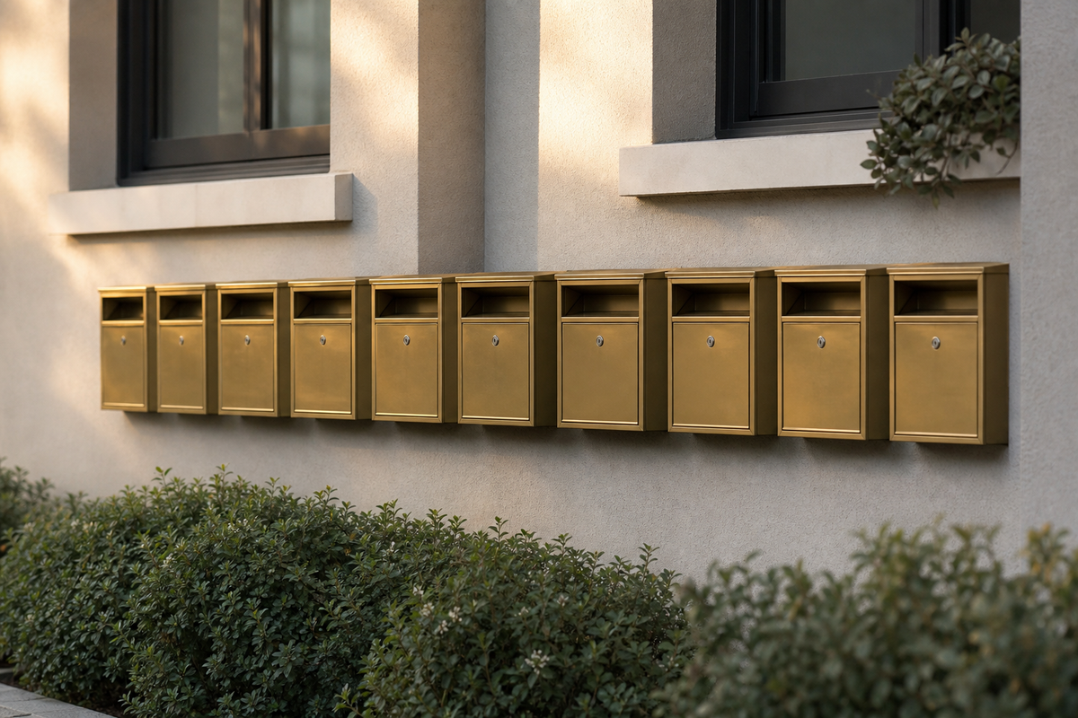 Row of identical mailboxes mounted on a building wall.