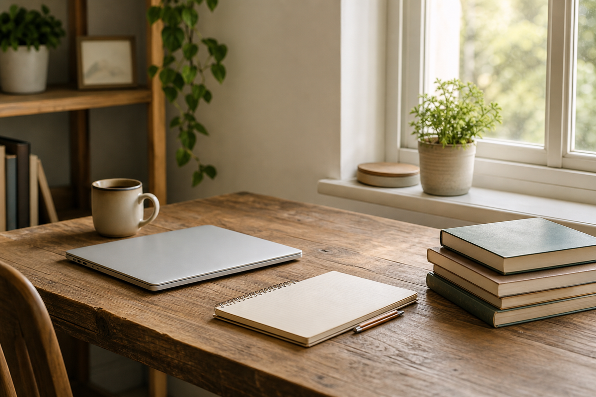 Desk by window with laptop, notebook, textbooks, and mug.