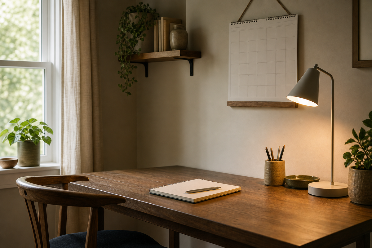 Wall calendar and desk lamp above a blank notepad.