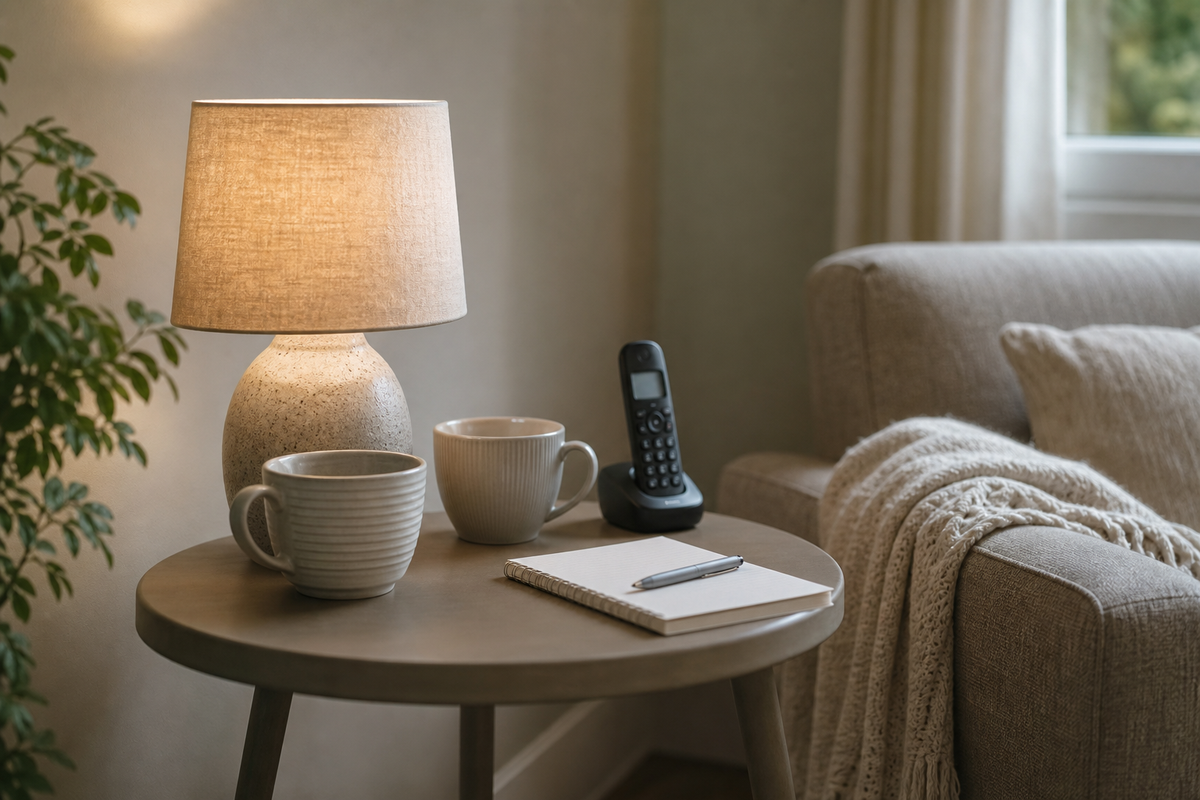 Side table with two mugs, a phone, and a notepad.