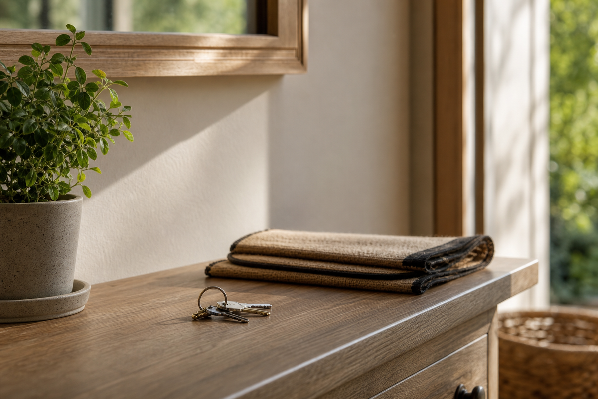 House keys on an entryway table beside a folded doormat.