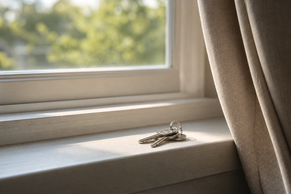 House keys on a windowsill beside folded curtains.