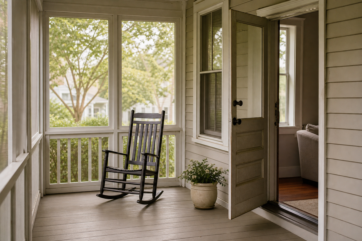 Porch with rocking chair, potted plant, and open front door.