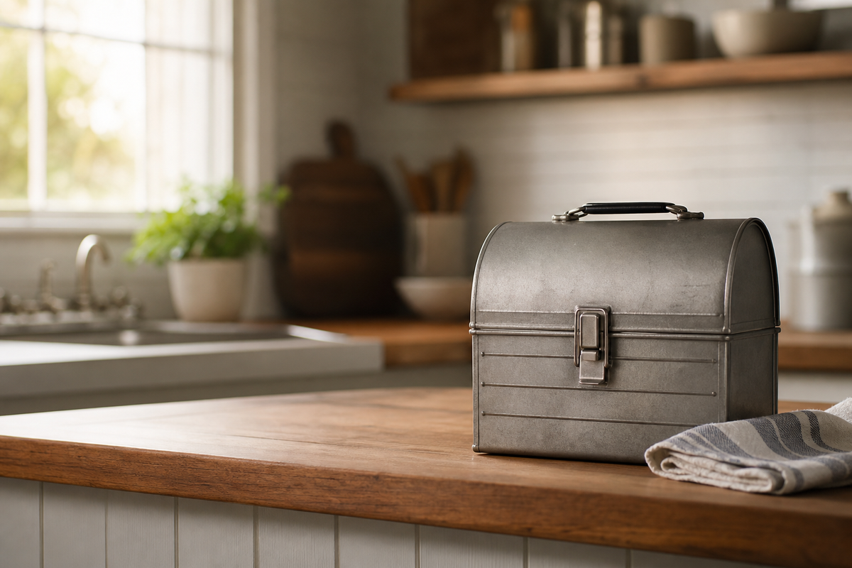 Closed metal lunch pail beside folded dish towel on counter