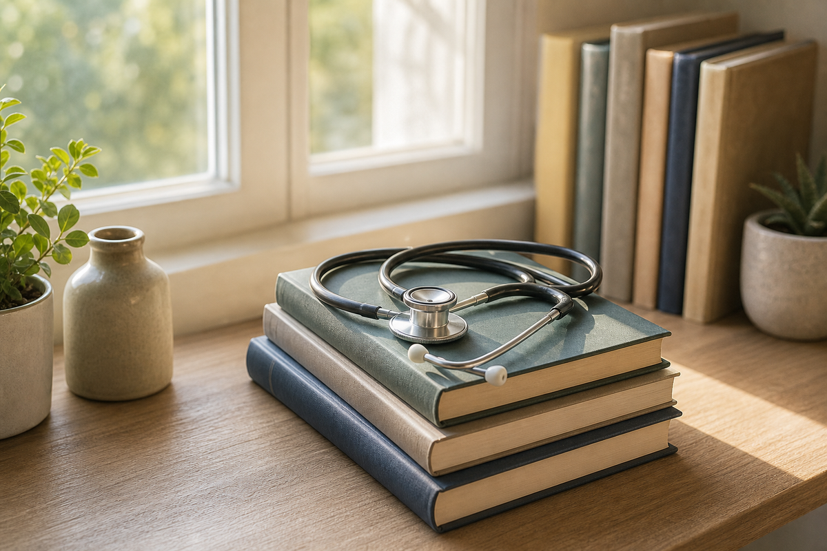 A stethoscope coiled on stacked medical textbooks near a window.