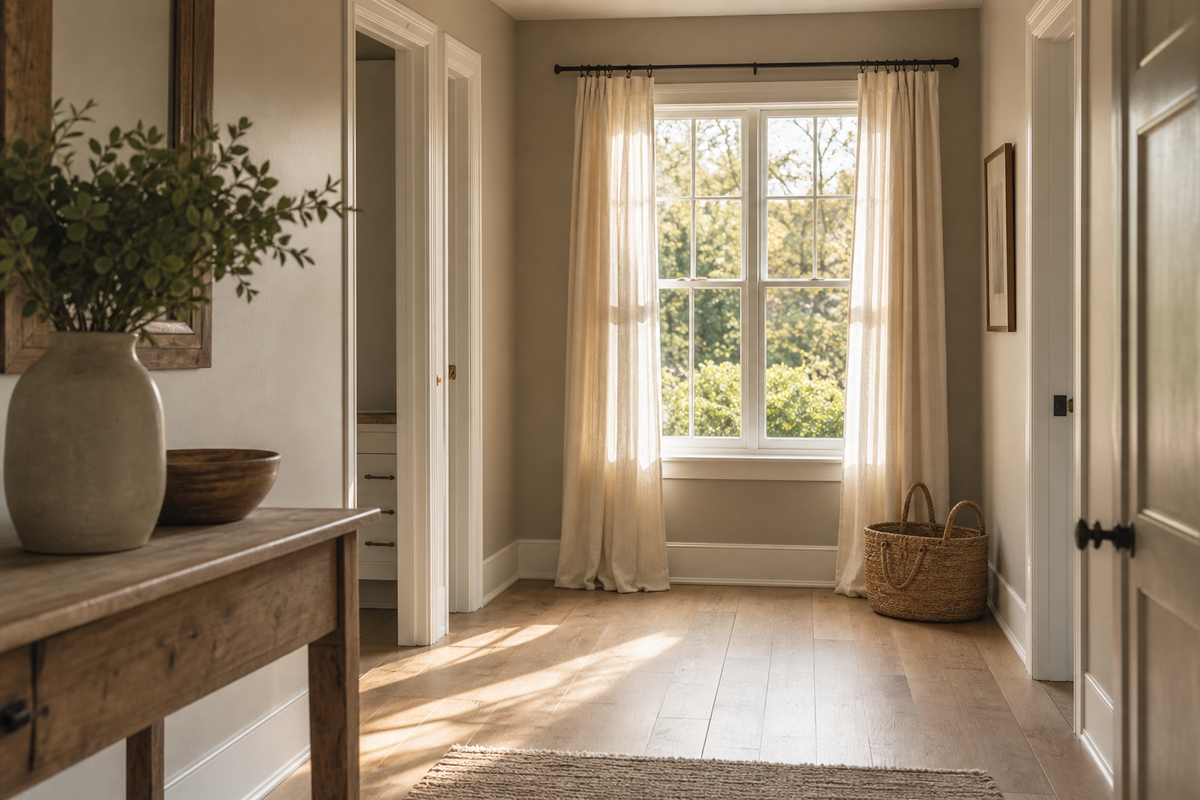 Open curtains on a hallway window, sunlight on wood floor.