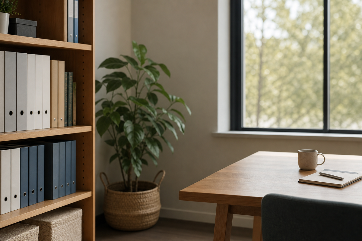 Wooden shelf with plain binders and a potted plant, sunlit window.