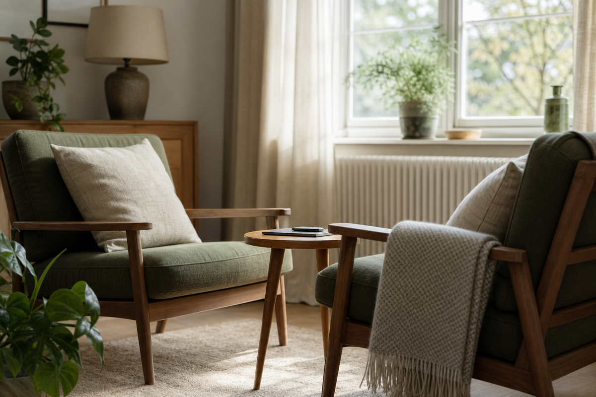 Two armchairs facing each other beside a window, phone on table.