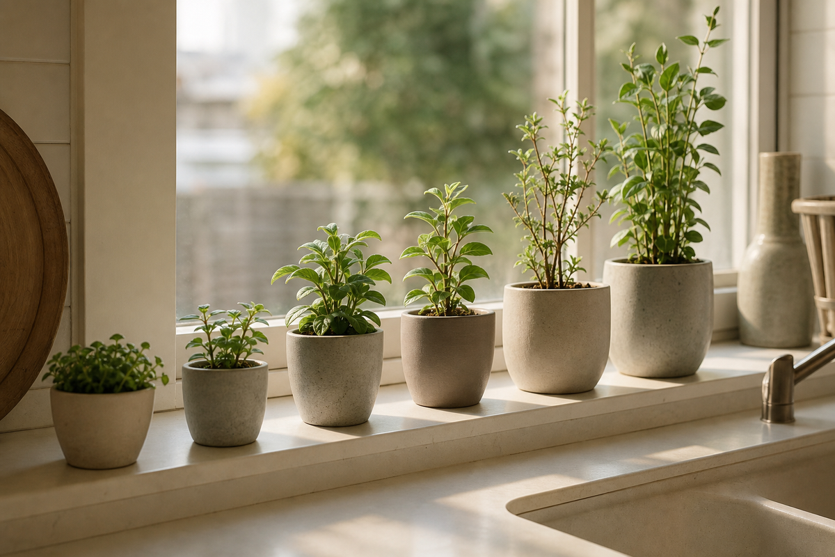 Windowsill with a row of potted plants of increasing height.