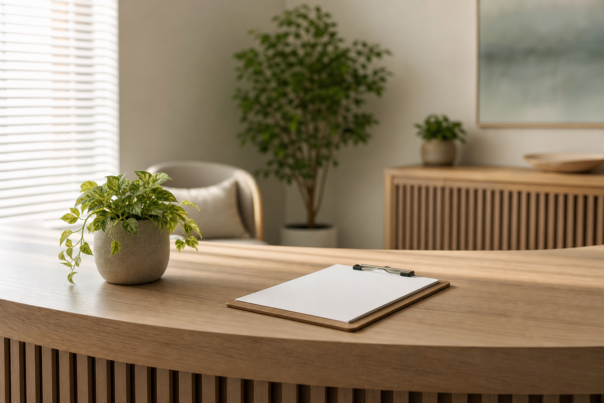 A blank clipboard and small potted plant on a wooden desk.