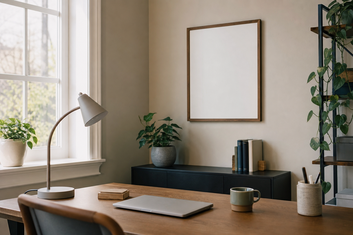 Empty picture frame above a tidy desk near a window