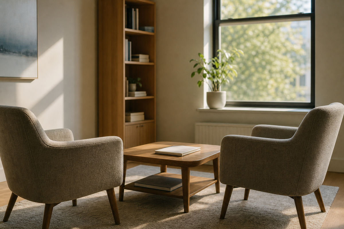 Two chairs facing a small table with notepad, sunlit room.
