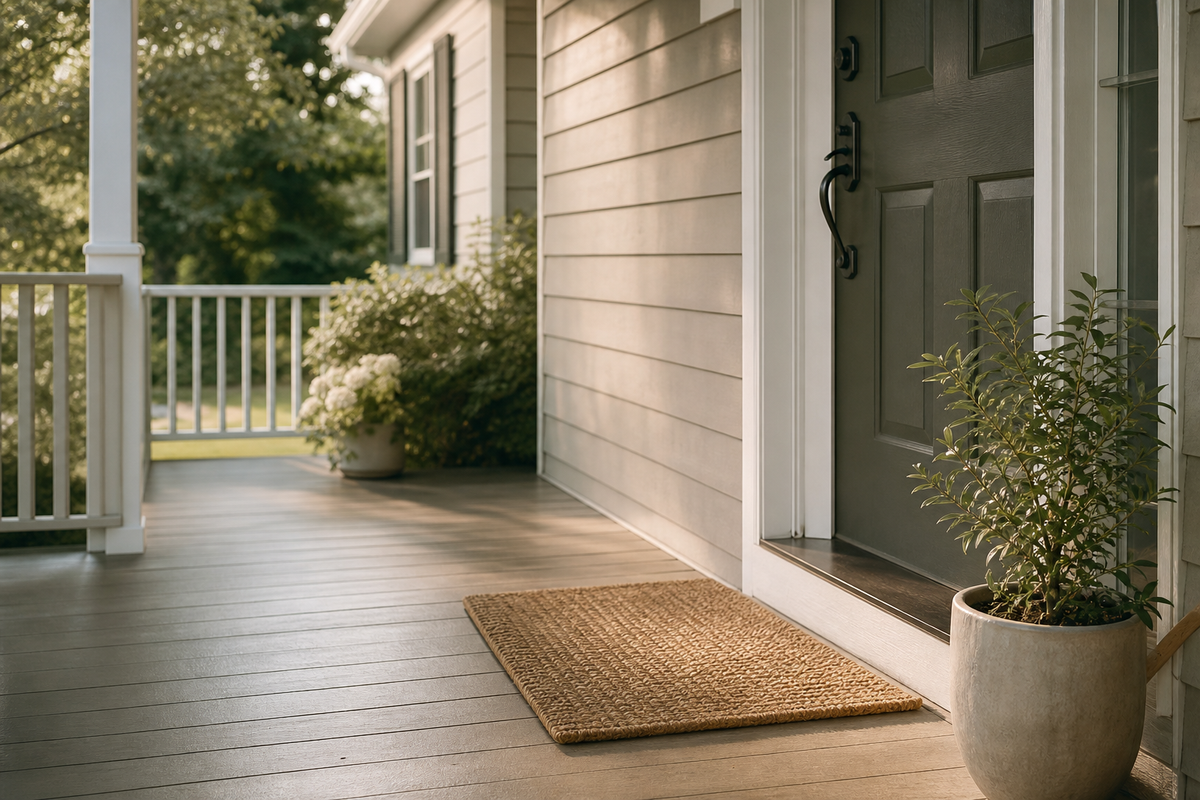 A porch with a doormat, potted plant, and closed front door.