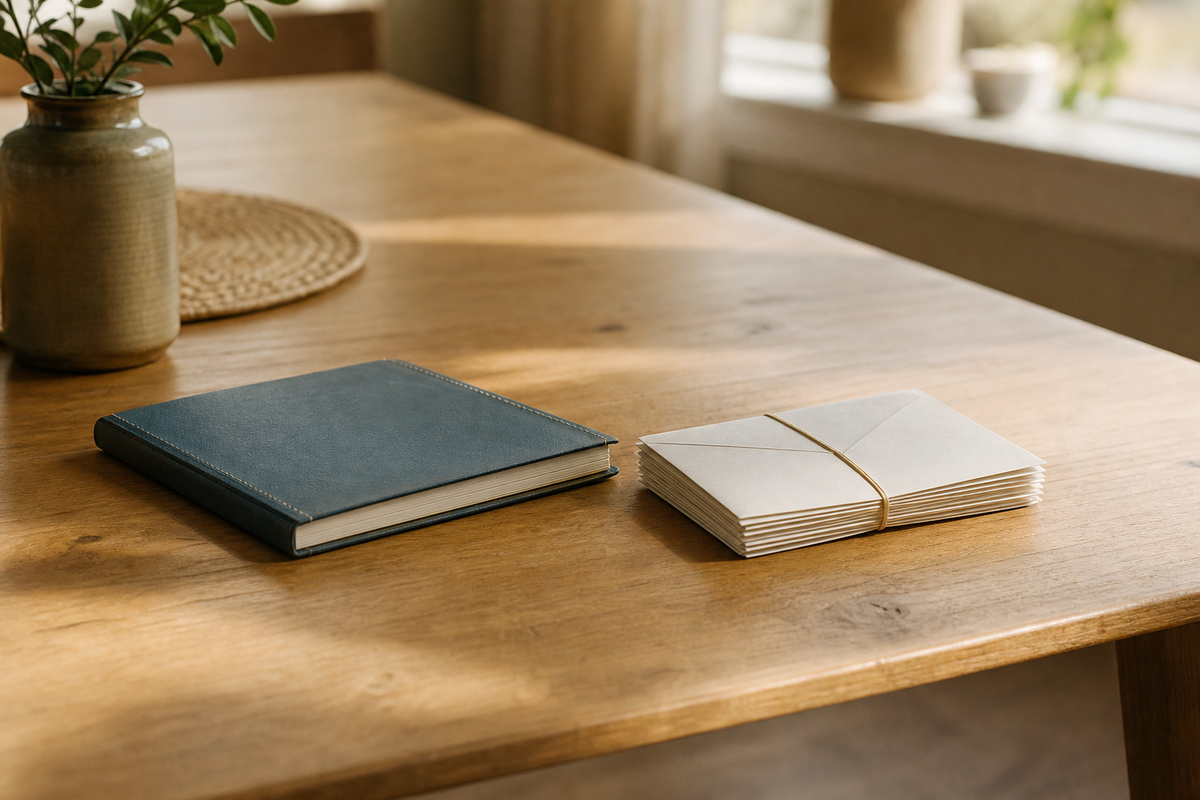 Bundled envelopes with a rubber band beside a single checkbook on a table.