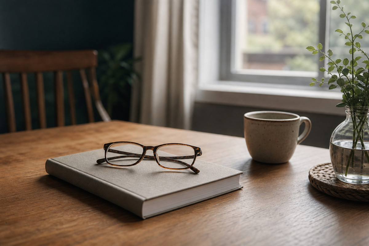 Reading glasses on a closed notebook on a wooden desk.