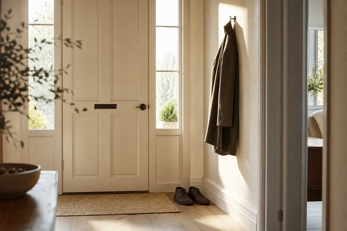 A coat on a hook and shoes below it near a door