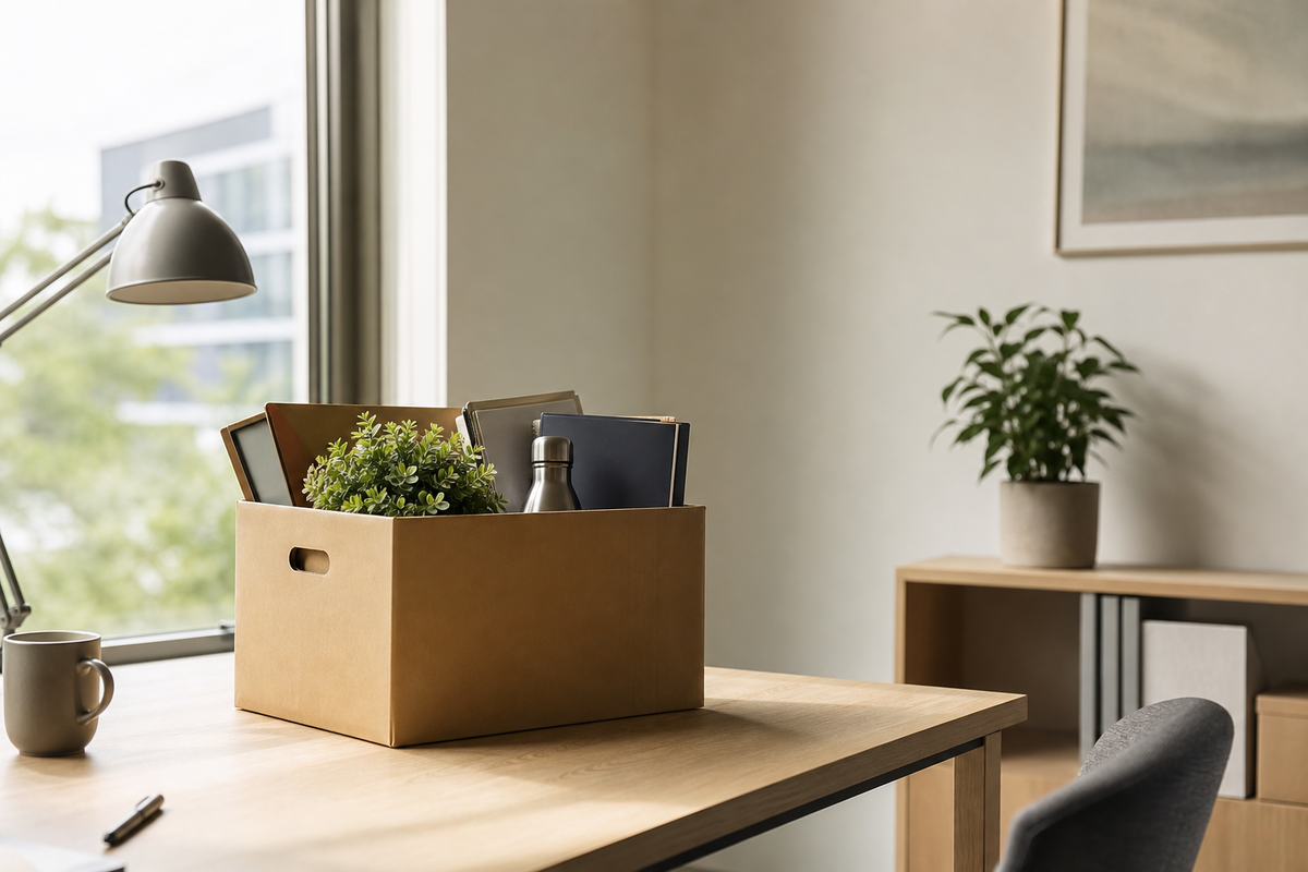 A cardboard box of belongings on a sunlit desk near a window.