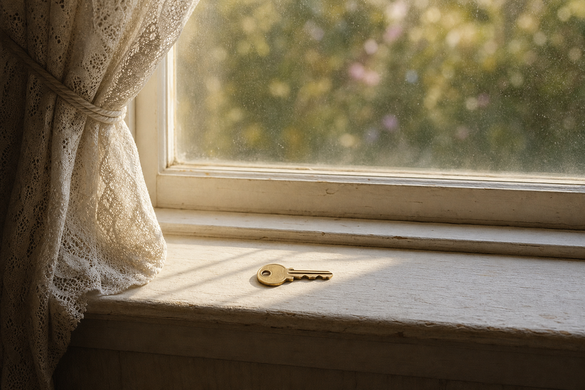 A brass key on a windowsill next to a tied curtain.