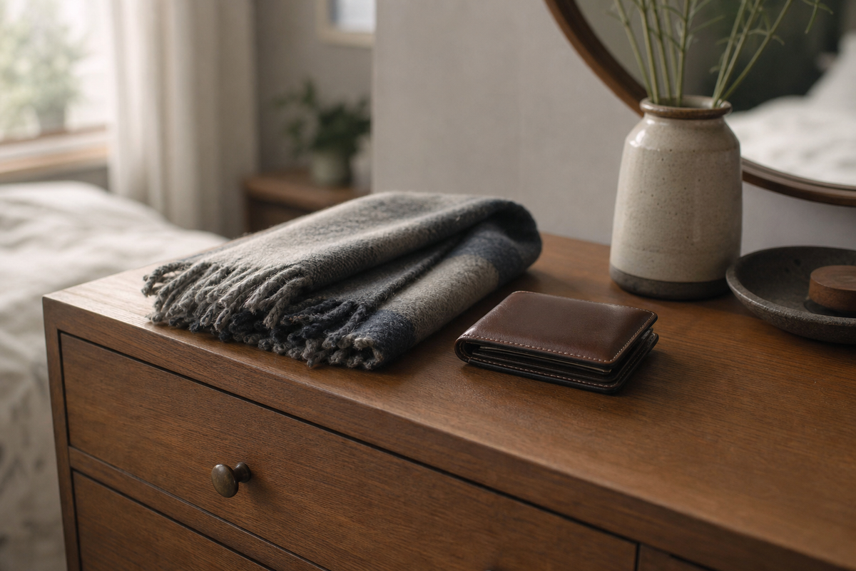 Closed wallet on a dresser next to a folded scarf.