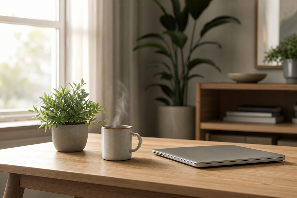 Closed laptop, coffee mug, and potted plant on a wooden desk.