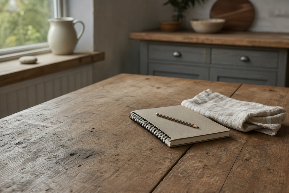 Closed notebook and pencil on wooden kitchen table beside folded napkin.